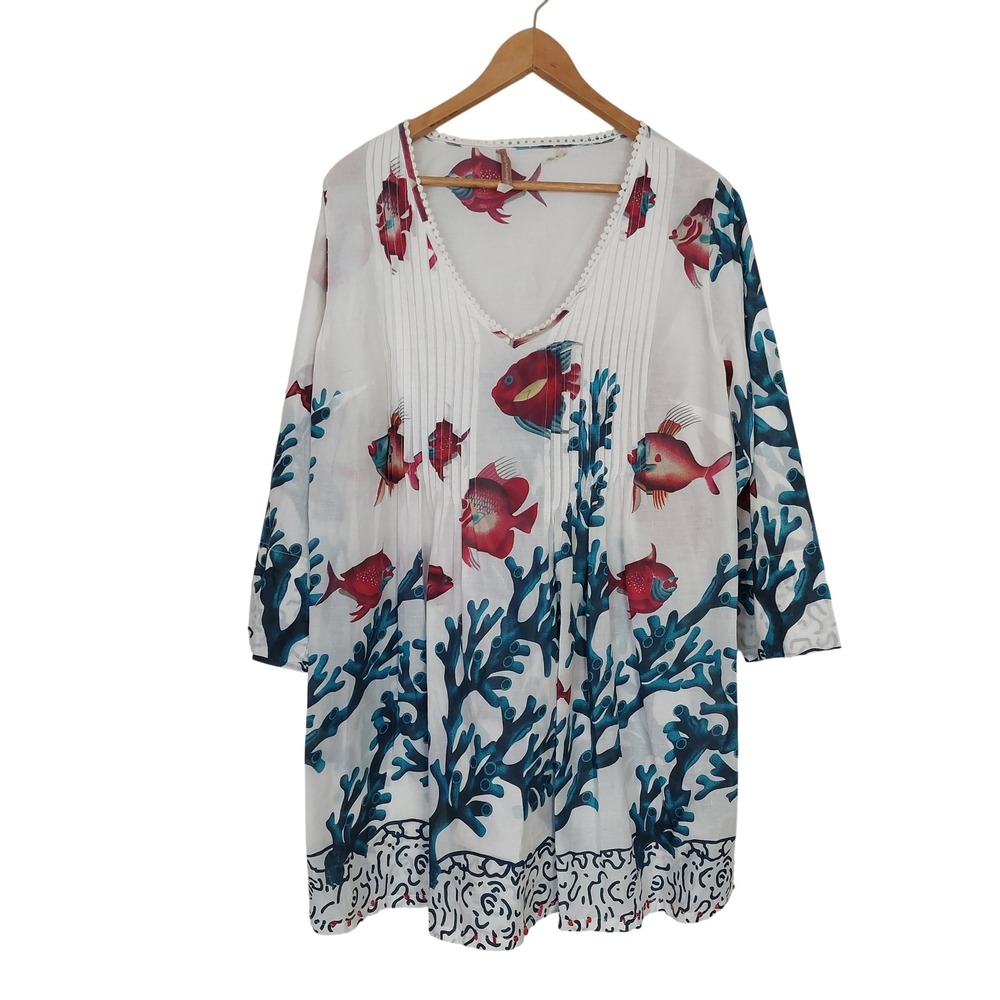 Soft Surroundings Seychelles Ocean Reef Fish Print Cover Up Tunic Dress Size MP